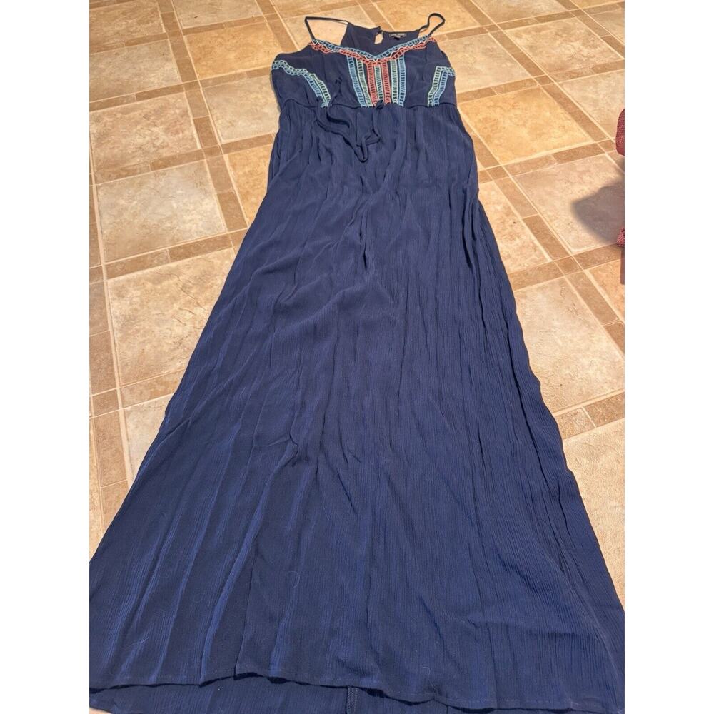 Lily Rose Maxi Dress Women's L Navy Blue Colorful Embroidered Halter Strappy